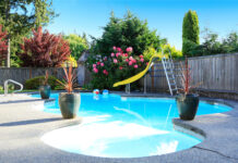 Fenced backyard with small beautiful swimming pool